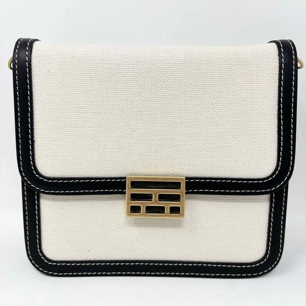 FRAME Le Signature Mini Bag Black Cream Canvas Leather Crossbody Brass Hardware